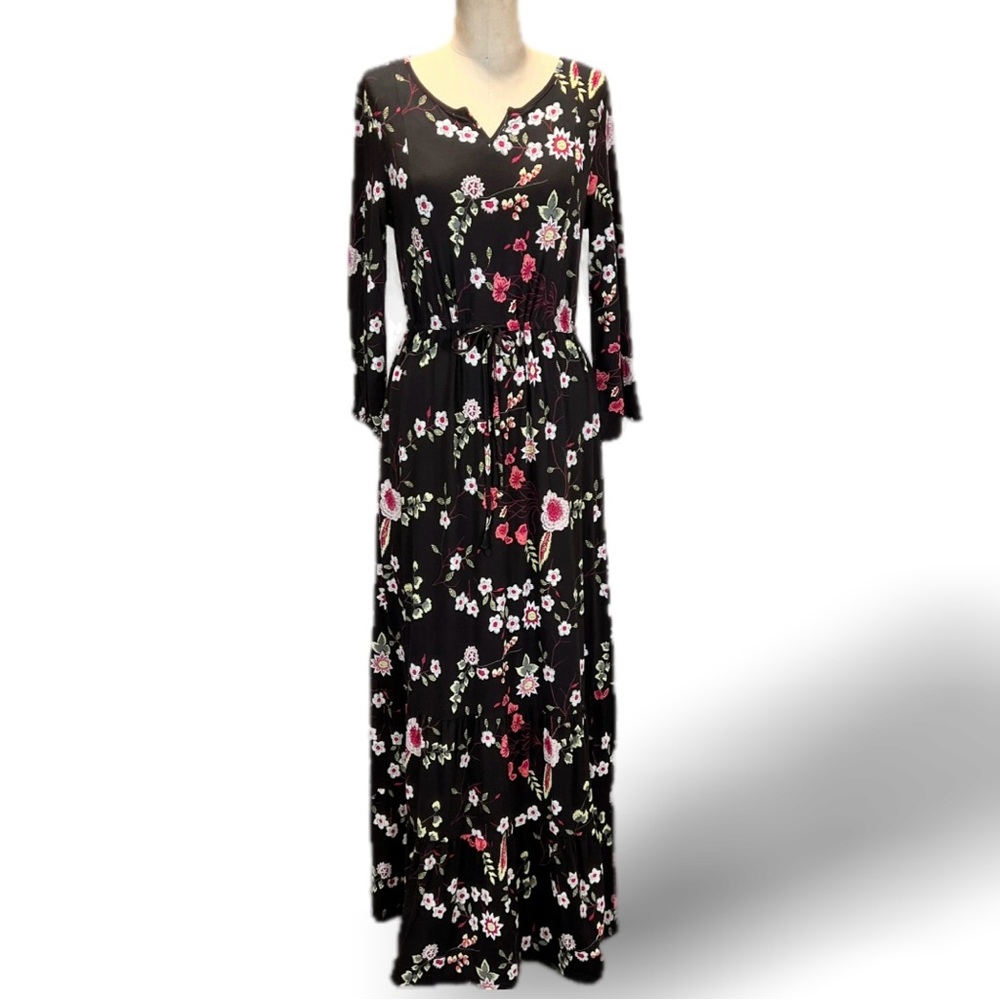 Dark moody botanical floral maxi dress long sleeve elastic drawstring waist